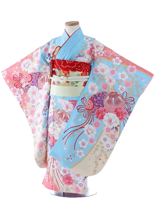 七五三（5女結び帯）7141  水色　ピンク　鞠　花模様