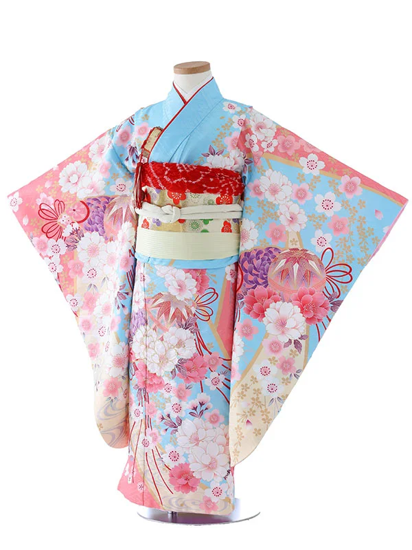 七五三（5女結び帯）7141  水色　ピンク　鞠　花模様