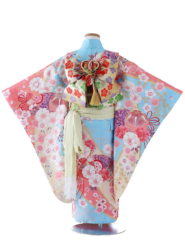 七五三（5女結び帯）7141  水色　ピンク　鞠　花模様