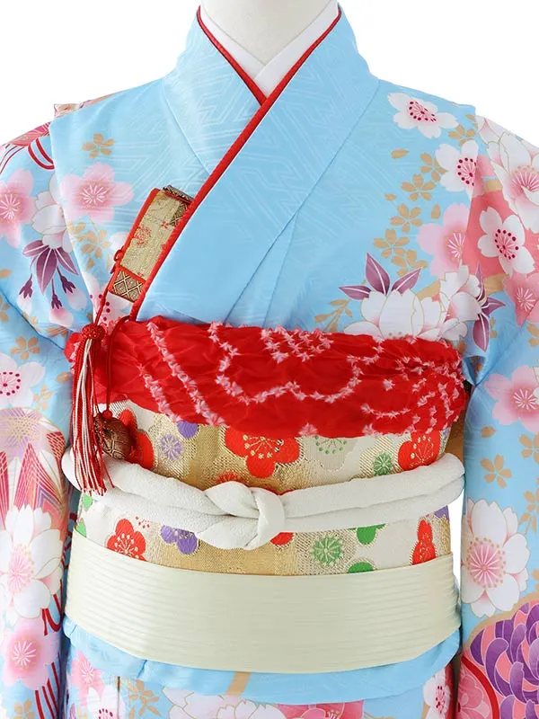 七五三（5女結び帯）7141  水色　ピンク　鞠　花模様