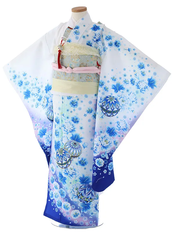 七五三（7女結び帯）7143  白　青　鞠　花模様