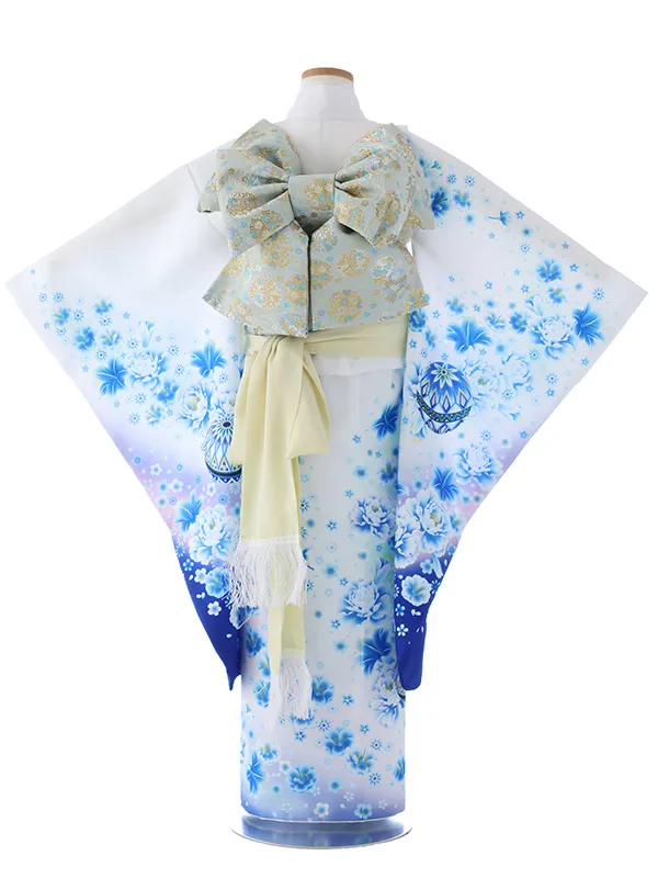 七五三（7女結び帯）7143  白　青　鞠　花模様