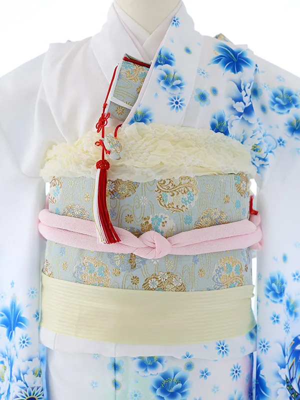 七五三（7女結び帯）7143  白　青　鞠　花模様