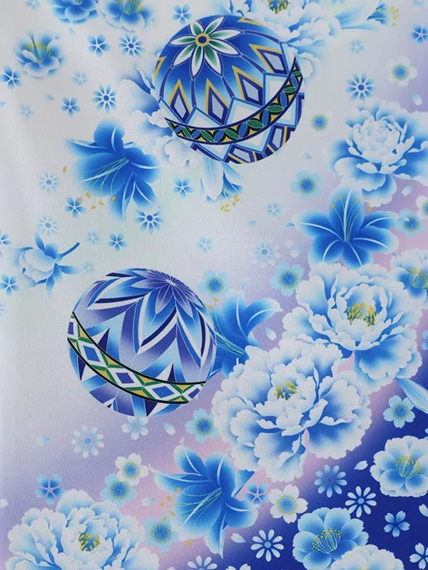 七五三（7女結び帯）7143  白　青　鞠　花模様