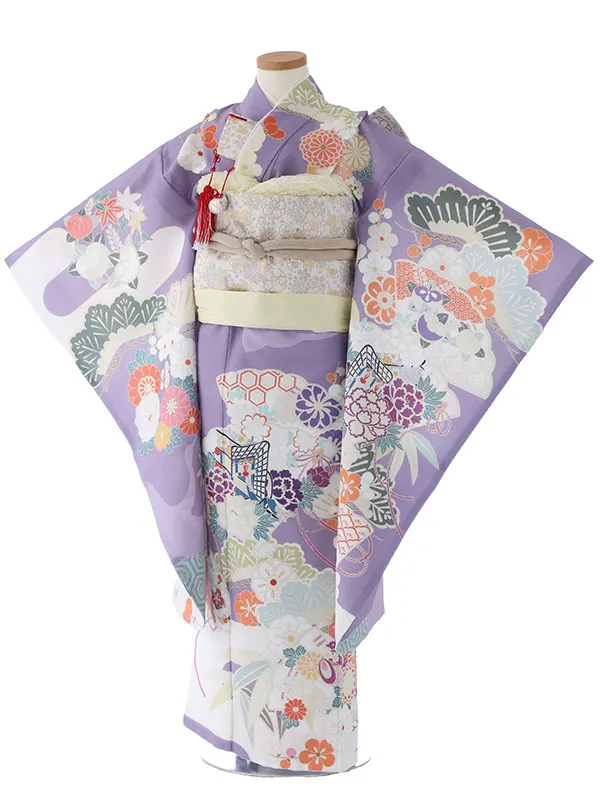 七五三（7女結び帯）7146  紫　牡丹　御所車