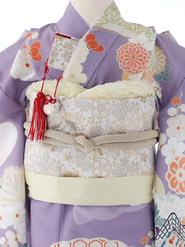 七五三（7女結び帯）7146  紫　牡丹　御所車