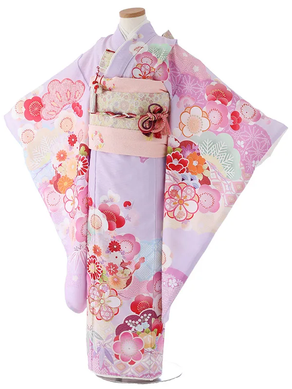 七五三（7女結び帯）7148  紫　花模様　式部浪漫