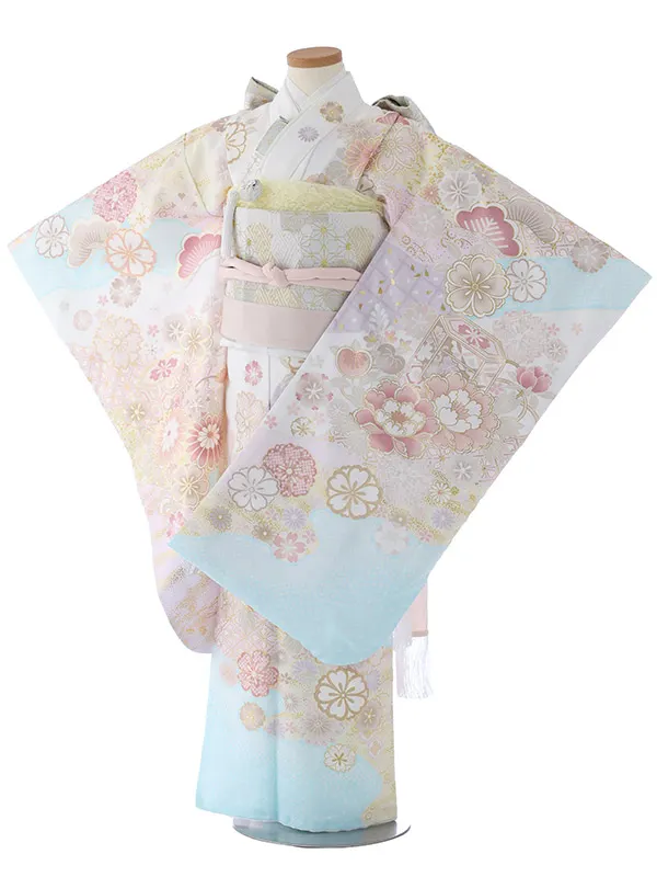 七五三（7女結び帯）7149 水色　牡丹　花模様