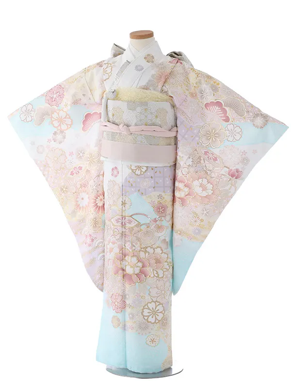 七五三（7女結び帯）7149 水色　牡丹　花模様