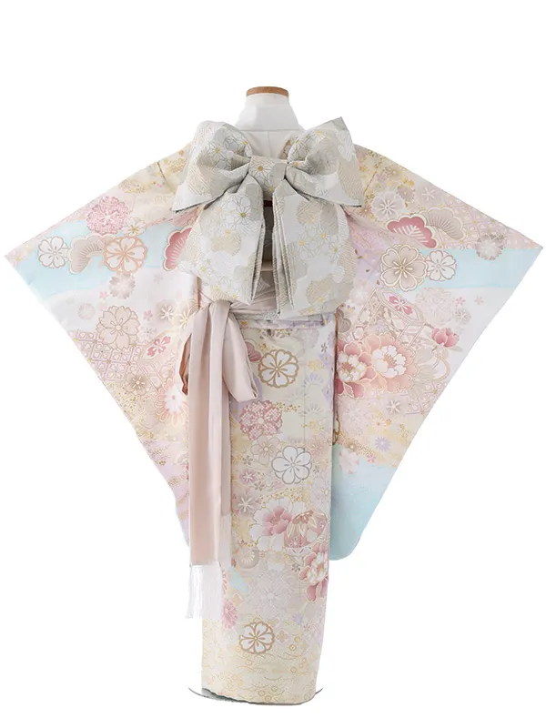 七五三（7女結び帯）7149 水色　牡丹　花模様