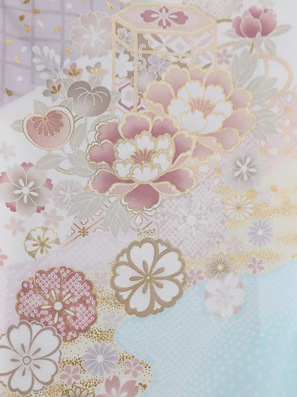 七五三（7女結び帯）7149 水色　牡丹　花模様