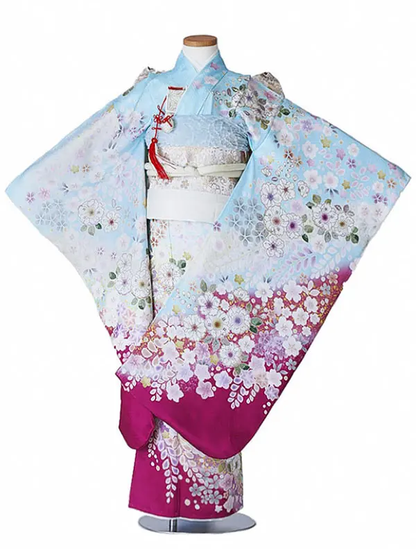 七五三（7女結び帯）7173【正絹】水色 辻が花 花模様