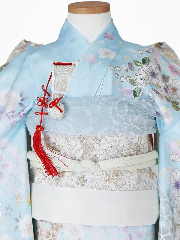 七五三（7女結び帯）7173【正絹】水色 辻が花 花模様