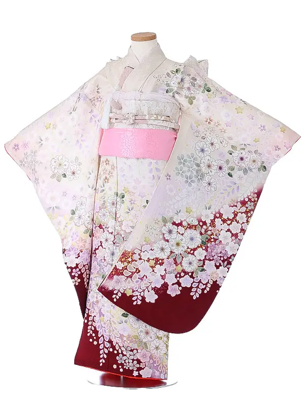 七五三（7女結び帯）7174【正絹】クリーム 辻が花 花模様