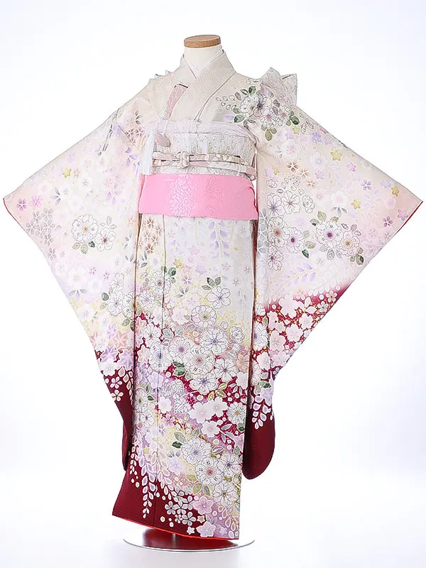 七五三（7女結び帯）7174【正絹】クリーム 辻が花 花模様