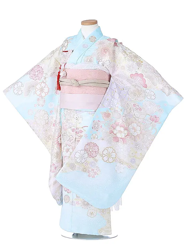 七五三（7女結び帯）7175 水色 牡丹 花模様