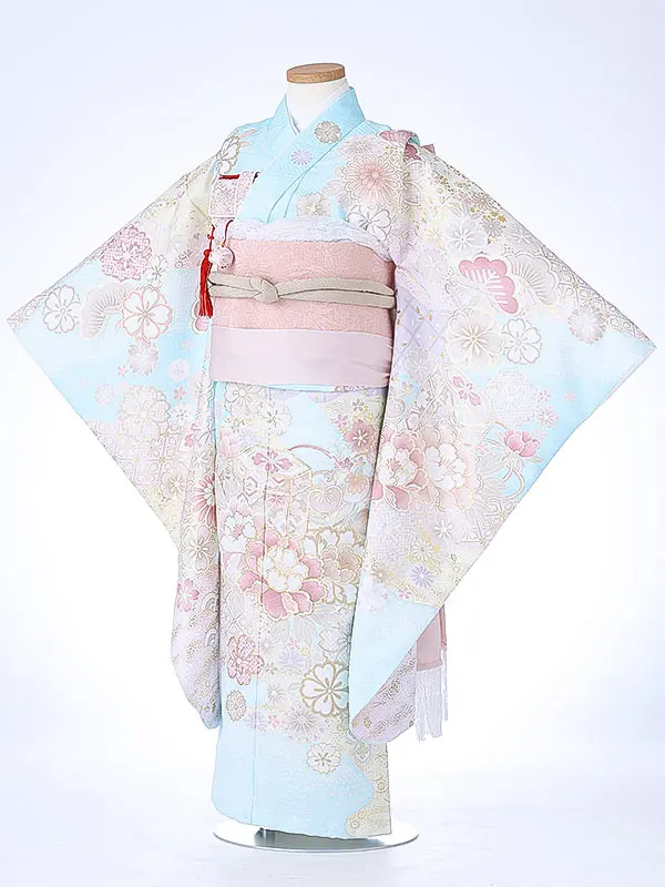 七五三（7女結び帯）7175 水色 牡丹 花模様