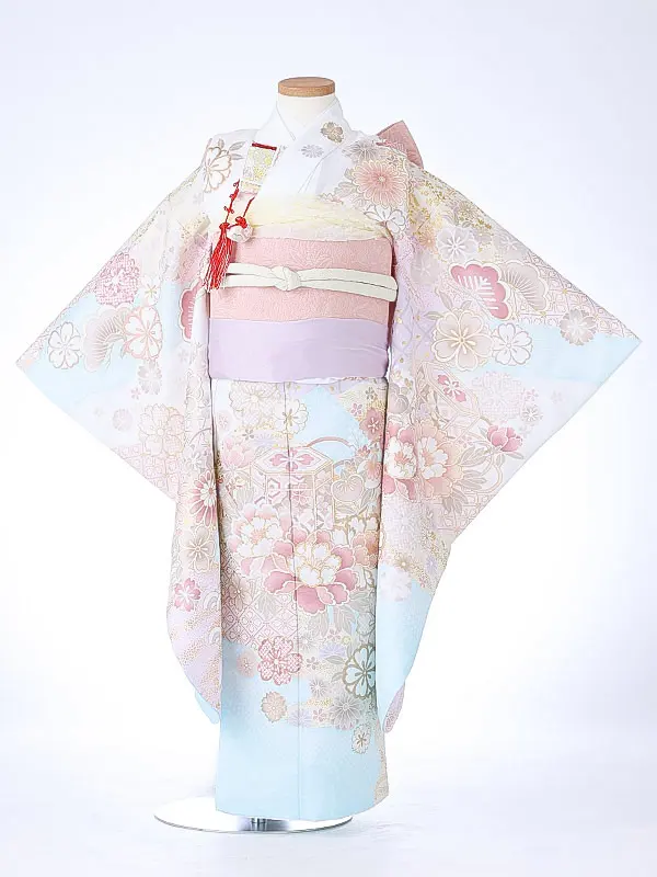 七五三（7女結び帯）7176 白 水色 牡丹 花模様