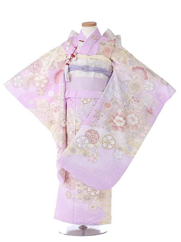 七五三（7女結び帯）7177 薄紫 牡丹 花模様