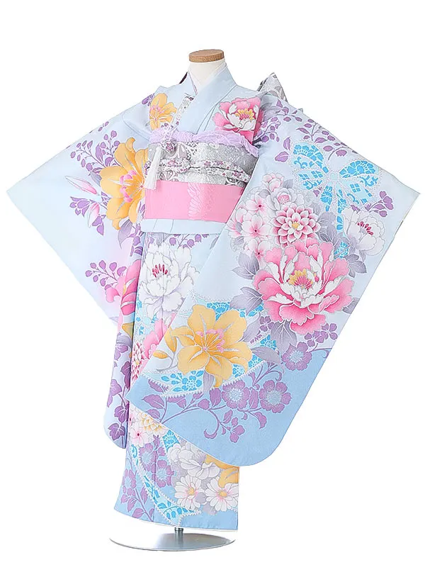 七五三（7女結び帯）7180 水色 洋花 リボン しなこ
