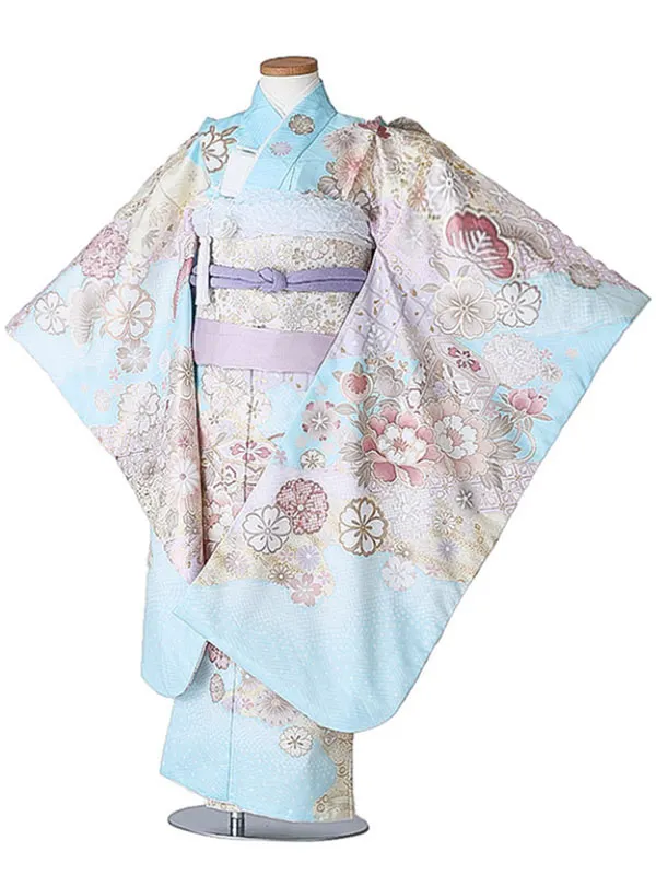 七五三（7女結び帯）7184 水色 牡丹 花模様