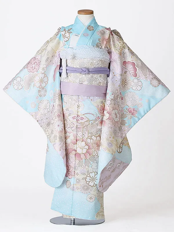 七五三（7女結び帯）7184 水色 牡丹 花模様
