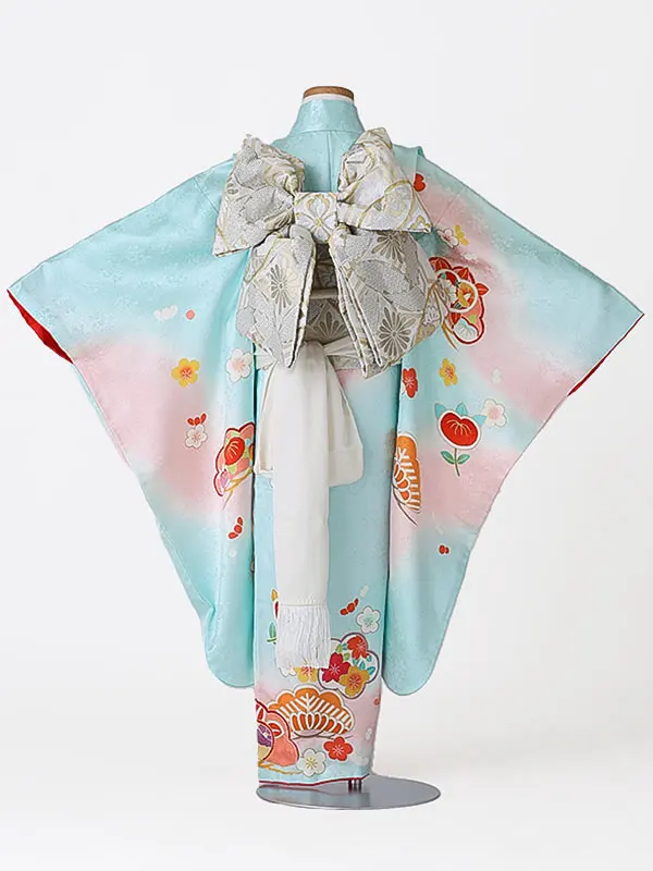 七五三（7女結び帯）7189【正絹】水色 橘 松 桜