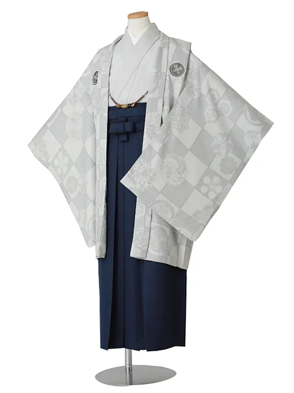 小学校卒業式ジュニア袴男0096 グレー 市松 家紋 華徒然