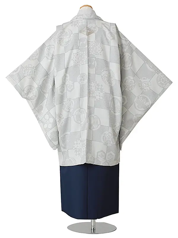 小学校卒業式ジュニア袴男0096 グレー 市松 家紋 華徒然