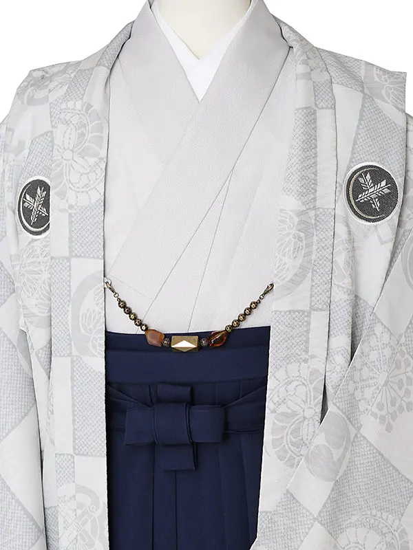 小学校卒業式ジュニア袴男0096 グレー 市松 家紋 華徒然