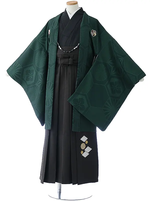 小学校卒業式ジュニア袴男0097 緑 家紋 亀甲 小町kids