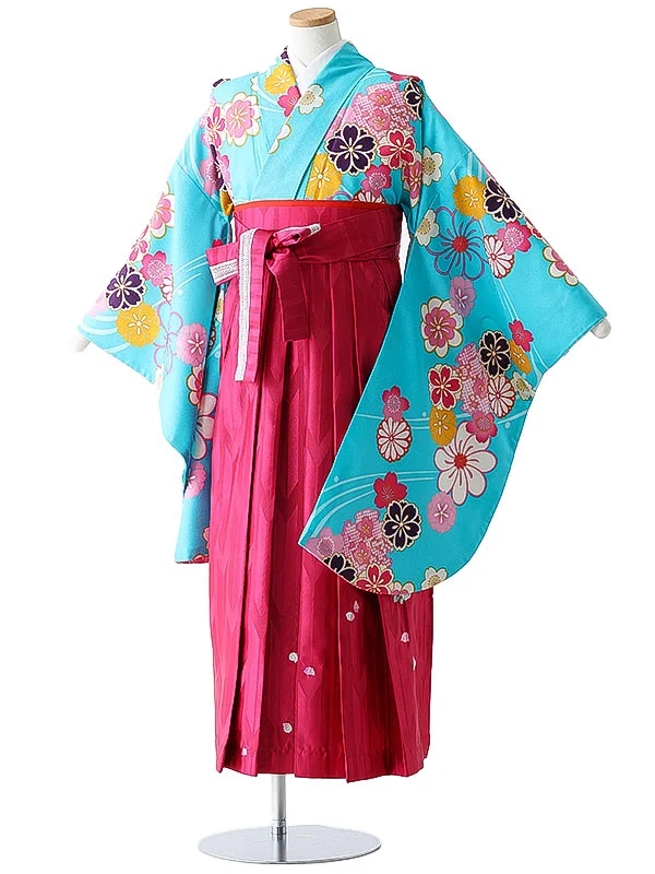 小学校卒業式ジュニア袴女0147 水色 ピンク 花模様