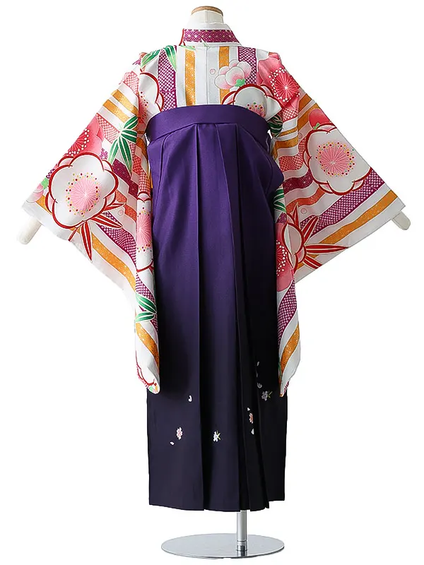 小学校卒業式ジュニア袴女0149 白 紫 ピンク 縦縞 花模様