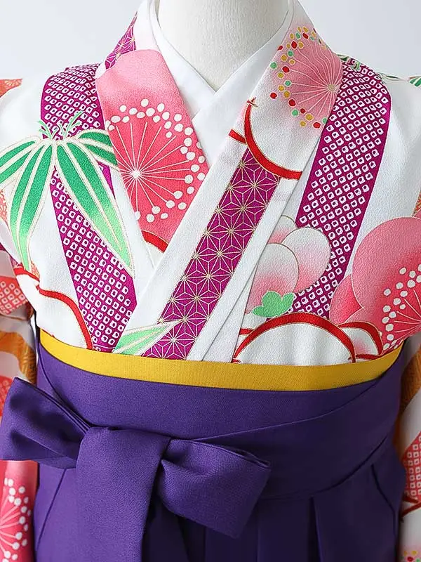 小学校卒業式ジュニア袴女0149 白 紫 ピンク 縦縞 花模様
