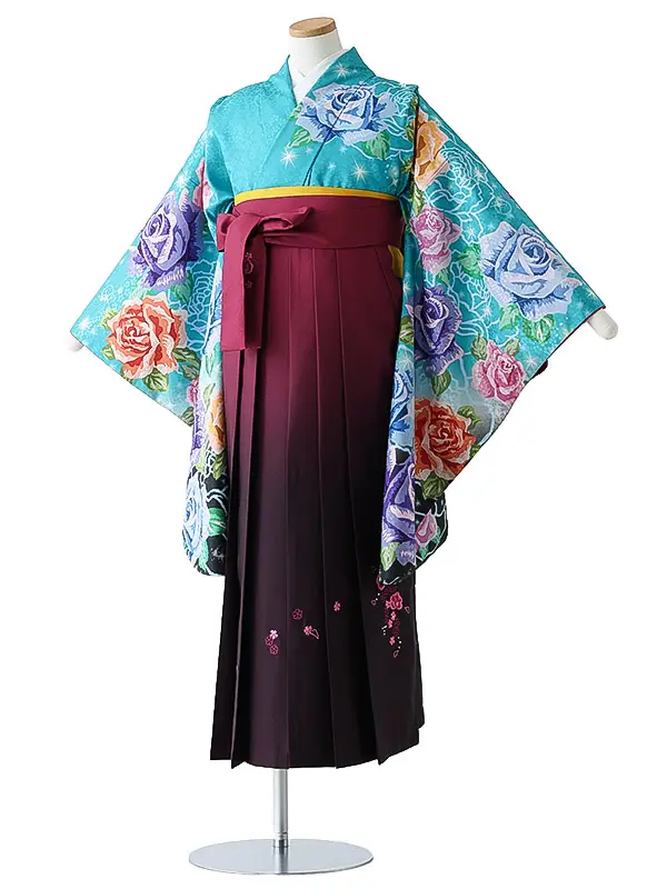 小学校卒業式ジュニア袴女0151 ターコイズブルー 紫 バラ