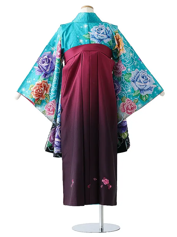小学校卒業式ジュニア袴女0151 ターコイズブルー 紫 バラ