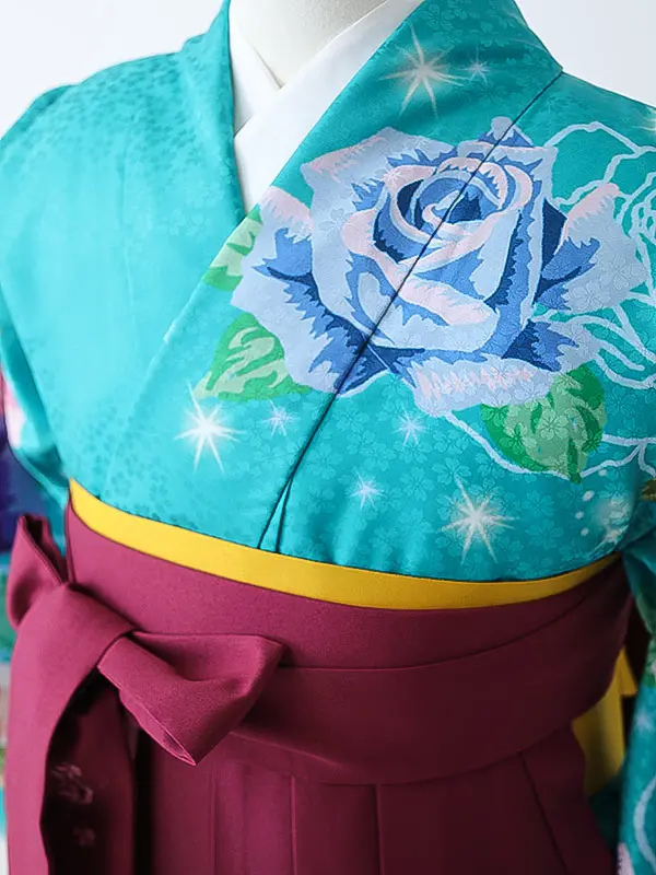 小学校卒業式ジュニア袴女0151 ターコイズブルー 紫 バラ