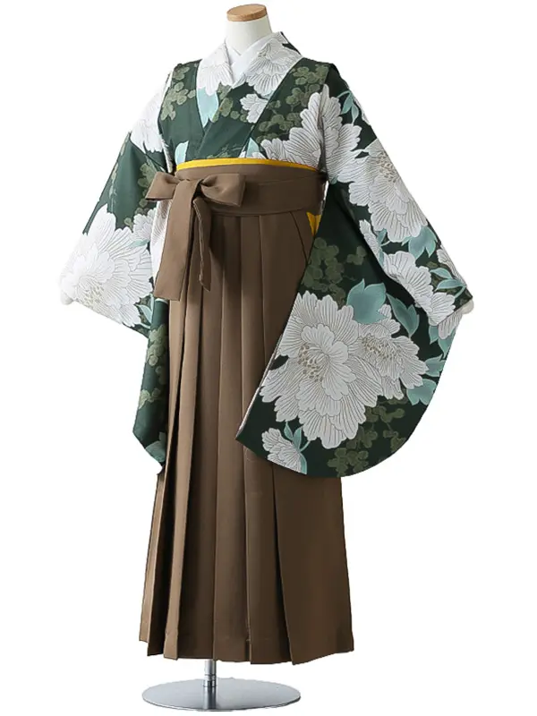 小学校卒業式ジュニア袴女0154 深緑 牡丹