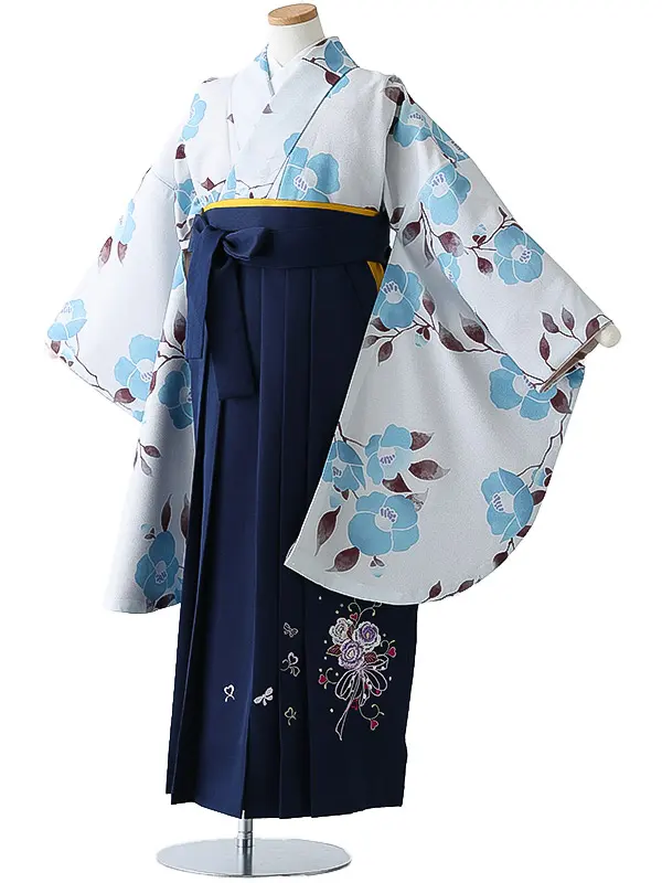 小学校卒業式ジュニア袴女0159 薄グレー 水色 椿