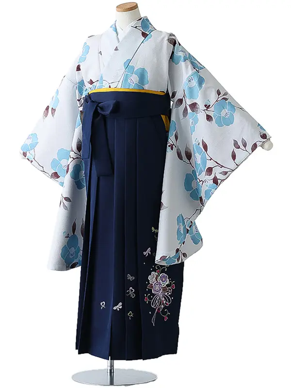 小学校卒業式ジュニア袴女0159 薄グレー 水色 椿