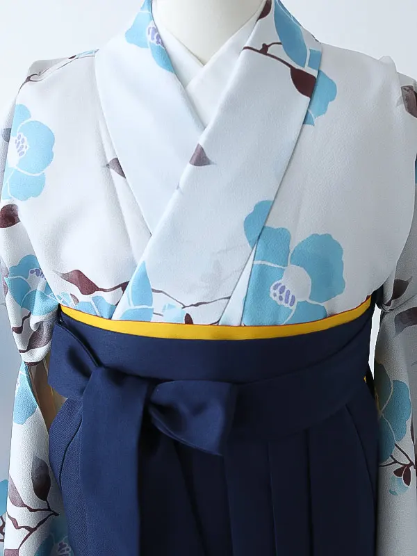 小学校卒業式ジュニア袴女0159 薄グレー 水色 椿