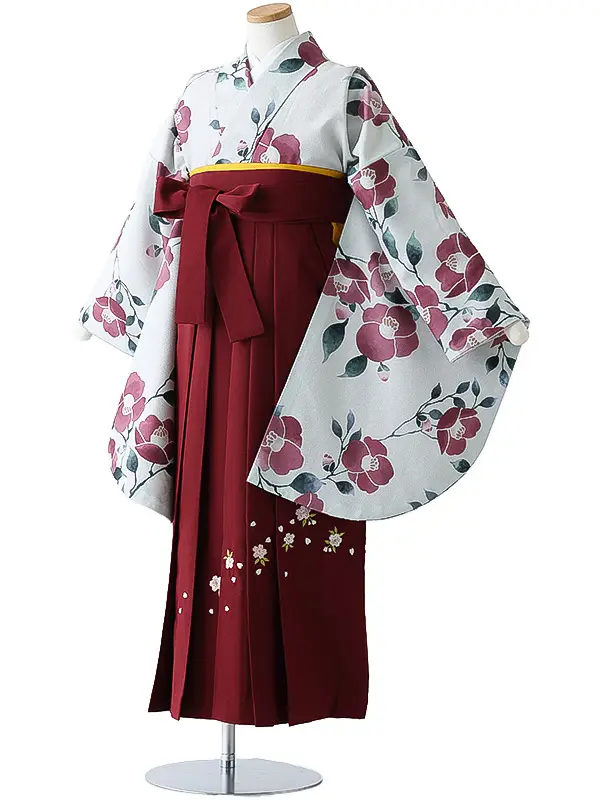 小学校卒業式ジュニア袴女0160 薄グレー 赤 椿