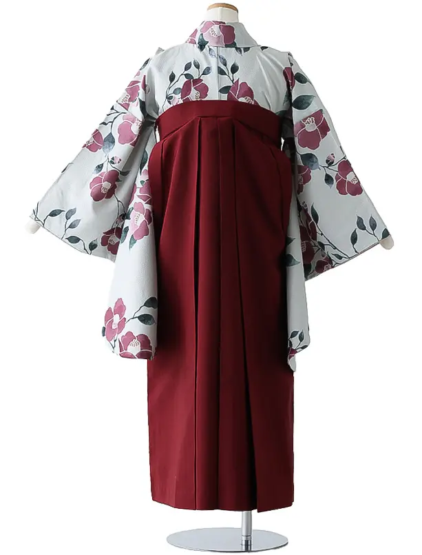 小学校卒業式ジュニア袴女0160 薄グレー 赤 椿