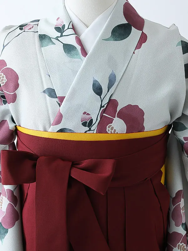 小学校卒業式ジュニア袴女0160 薄グレー 赤 椿