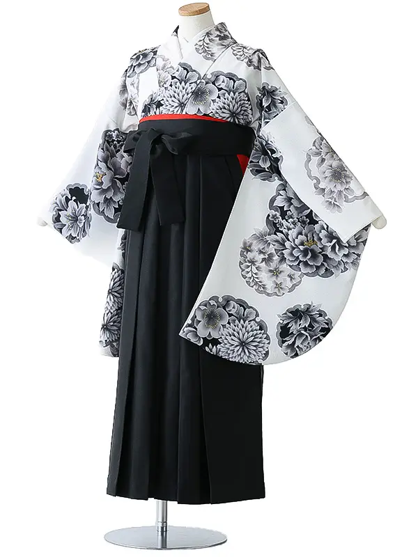 小学校卒業式ジュニア袴女0163 白 グレー 雪輪