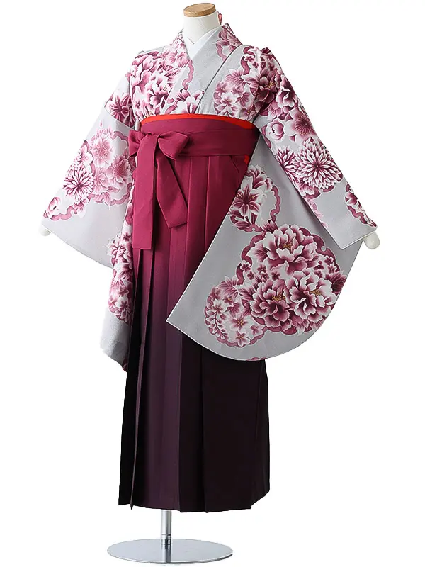 小学校卒業式ジュニア袴女0164 グレー ピンク 雪輪
