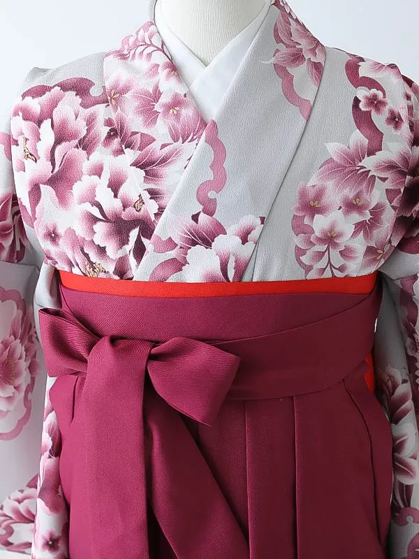 小学校卒業式ジュニア袴女0164 グレー ピンク 雪輪