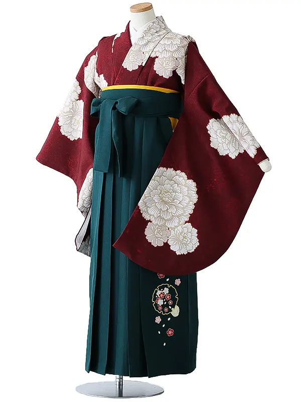 小学校卒業式ジュニア袴女0166 えんじ 白 牡丹