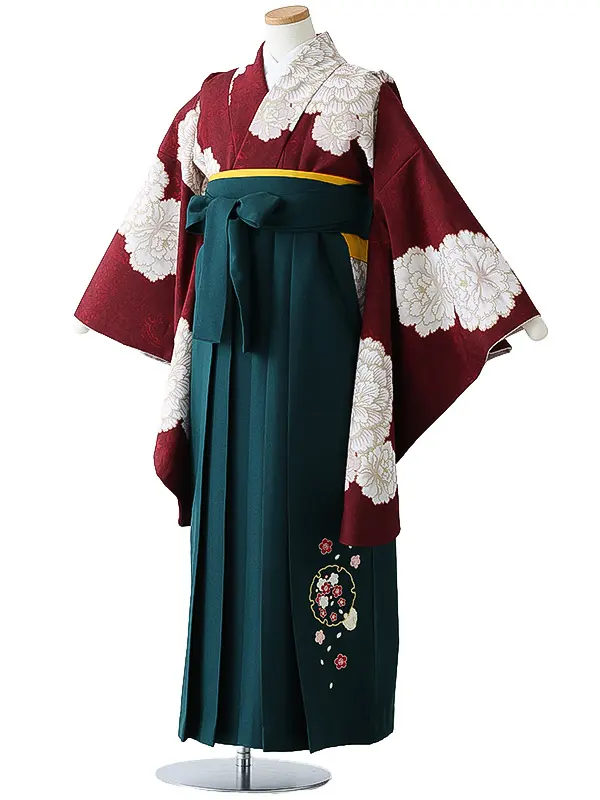 小学校卒業式ジュニア袴女0166 えんじ 白 牡丹