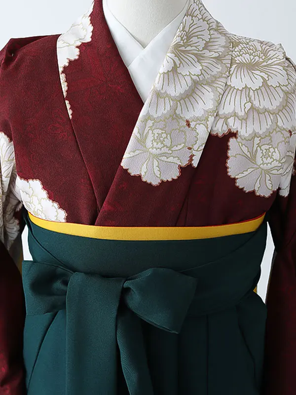 小学校卒業式ジュニア袴女0166 えんじ 白 牡丹